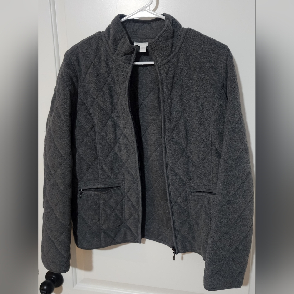 Charter Club Gray Quilted Jacket Medium 100% Polyester Zip Up With Zipper Pocket